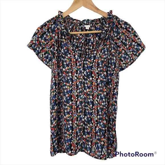 GAP BLACK & MULTICOLOUR FLORAL SHORT SLEEVE TOP/BLOUSE WITH RUFFLE NECKLINE, MED - Picture 1 of 10
